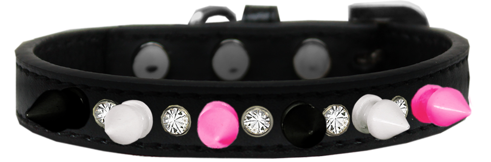 Crystal with Black, White and Bright Pink Spikes Dog Collar Black Size 12